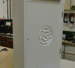 Exterior Wooden Hand Carved Post Box. A unique hand carved Yorkshire Rose, exterior post box with a painted finish
