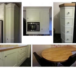 Classic Revival Kitchen. A mix of hand painted units and solid Oak kitchen.  The drawers have Merranti internals, created using dovetail joints and soft closing runners. Incorporating stylish shaped corner units and modern stainless steel handles.