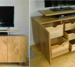 Bespoke wooden TV Unit with drawer storage.  Incorporating a floating shelf for the TV screen & dovetail drawer boxes & tapered feet.