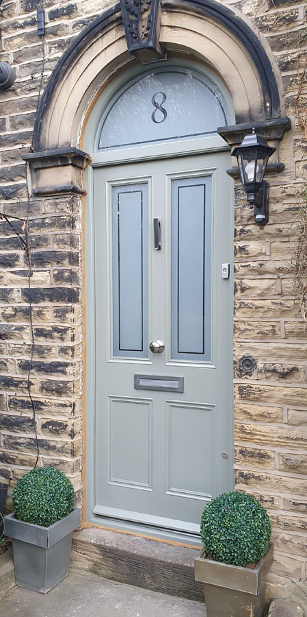 Bespoke Victorian hardwood front door with arched fanlight, etched glass and heritage green finish for a period property